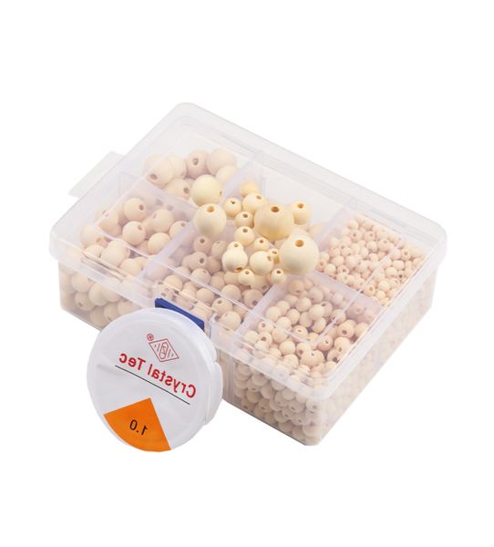 1100PCS DIY Natural Wood Beads Set, With Crystal Elastic Line, 6 Sizes