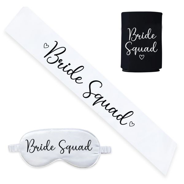 White Bride Squad Wedding Hen Party Sash, Bottle Koozie and Satin Eyemask