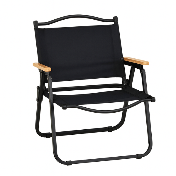 MFurn Low Folding Outdoor Chair - Steel Frame, Wooden Armrests, Black