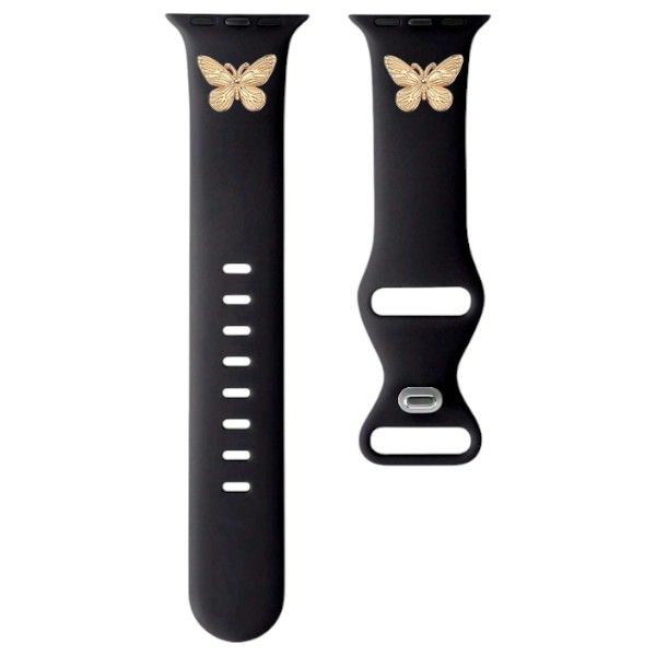 49mm Silicone Apple Compatible Watch Strap With Chic Rose Gold Butterfly Design -Black