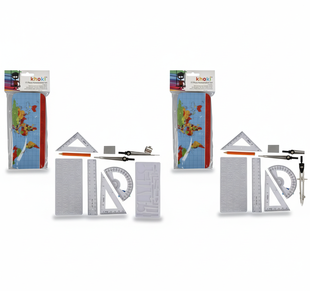 Stationery Mathematical Set 11 Piece - Compass, Protractor, Ruler - 2 Pack