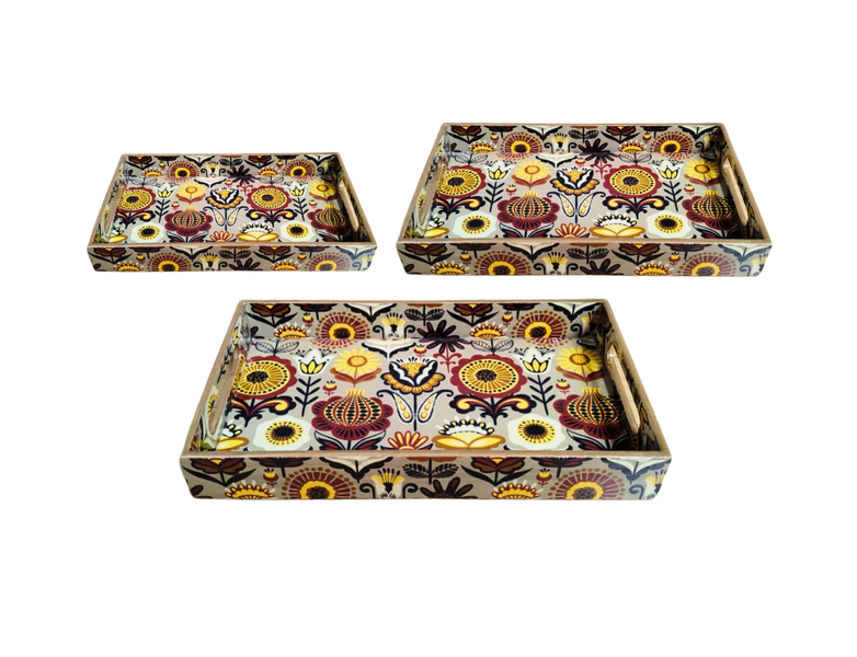 Handcrafted Lacquer Printed Wooden Tray Set - Stylish 3 Piece Serving Set