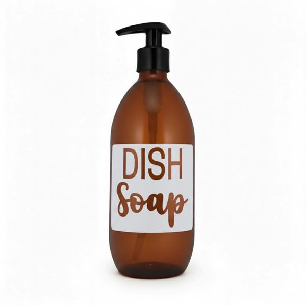 Amber Glass Dish Soap Dispenser Bottle 500ml Refillable Square Cutout Label