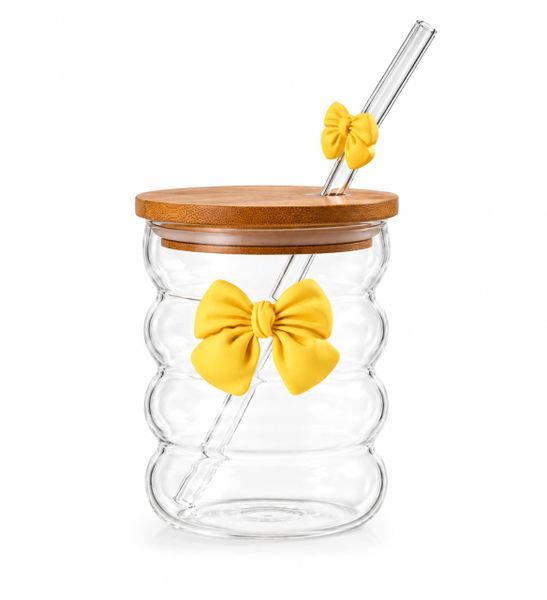 Glass Drinking Cups with Bamboo Lid and Straw