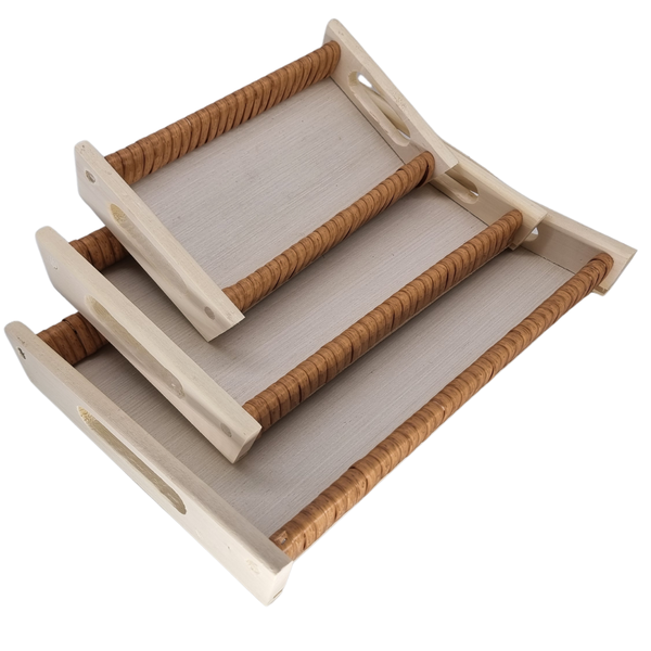 Wood and Woven Serving Tray - 3 Piece