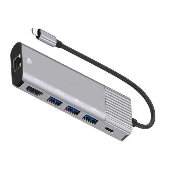 6-in-1 8-Pin to HDMI RJ45 USB Docking Station with Charging