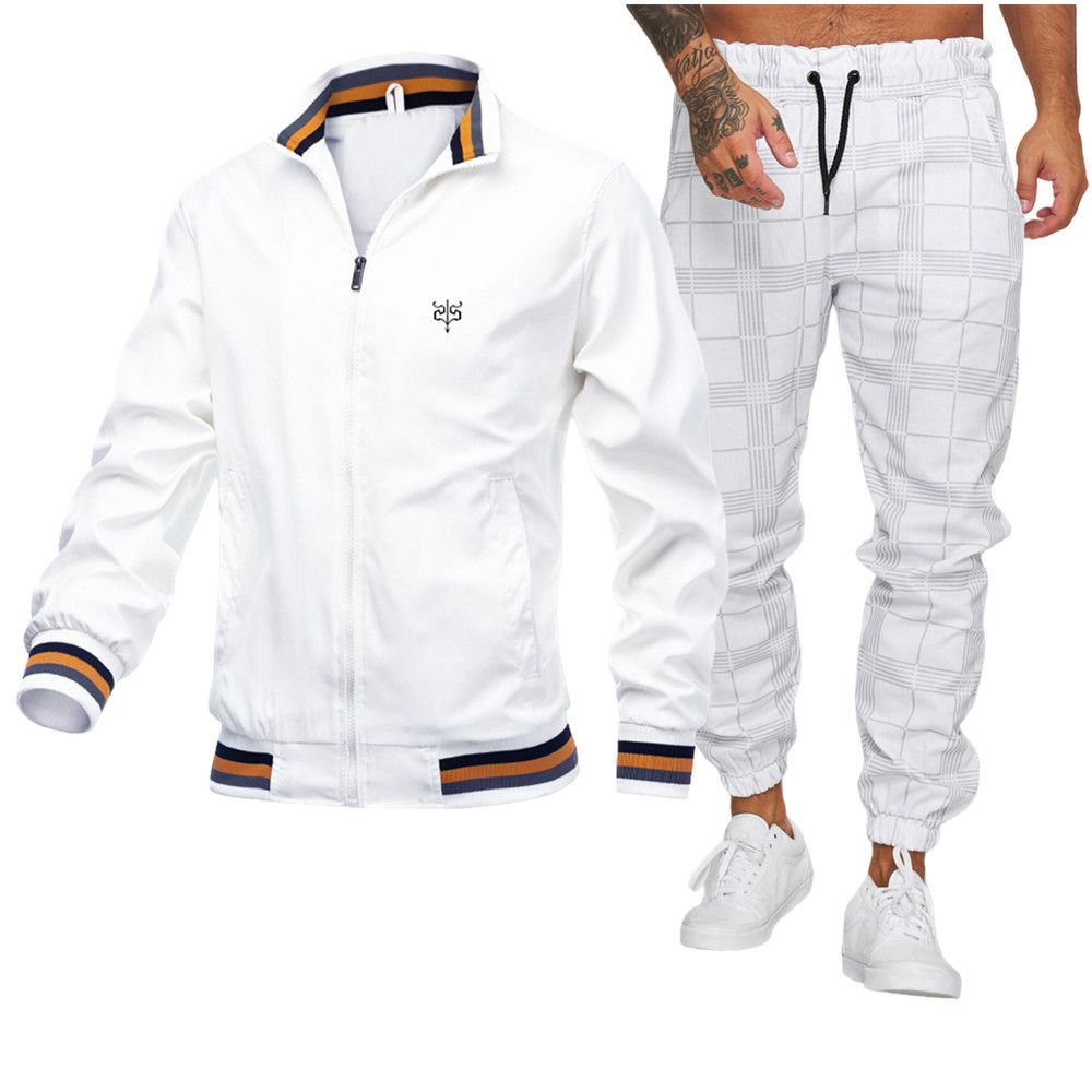 Tracksuits for Men White Windbreaker Jacket and Checkered Joggers