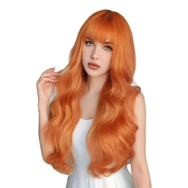 Fashion Orange Long Curly Wig Bangs