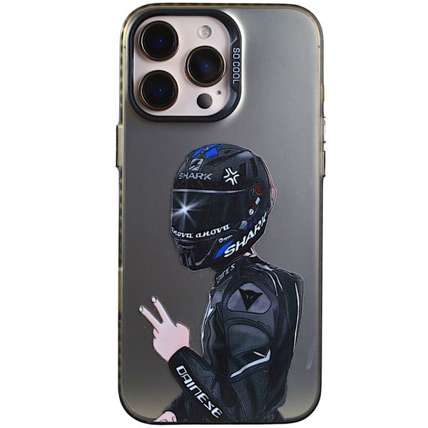 Phone Case with Motorcyclist for iPhone 16 Pro Max - Silver Gold Chrome