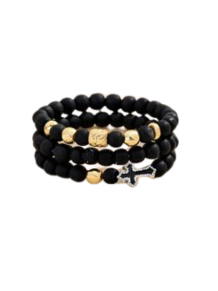 Black Bead Stretch Bracelets for Men - Gold Cross Design, 3-Piece Set