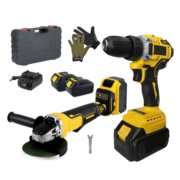 8 Piece Cordless Brushless Grinder &amp; Electric Drill With Charger Case &amp; Gloves
