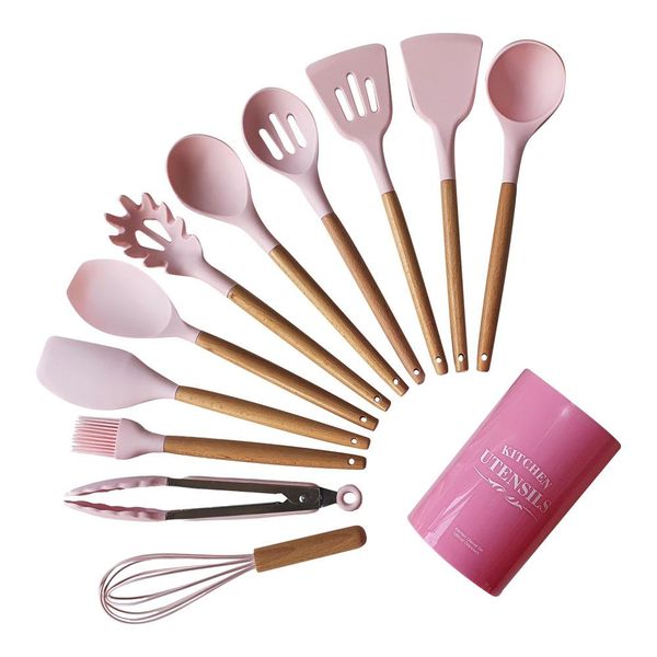 Hestia 12 Piece Silicone &amp; Wood Kitchen Utensil Set - Pink