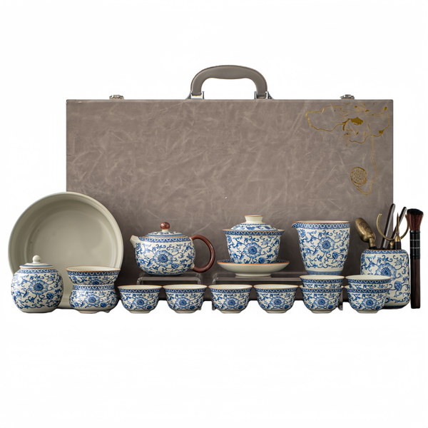Blue and White Porcelain Kung Fu Tea Set with Gaiwan, Teapot &amp; Cups