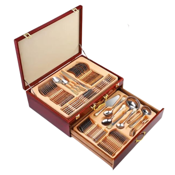 72-Piece Luxury Gold Accent Stainless Steel Cutlery Set in Wooden Case