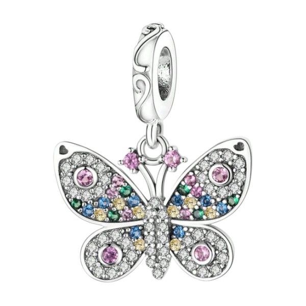 925 Sterling Silver Butterfly Charm With Intricate Wing Design - Multicolor