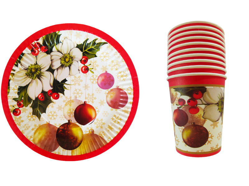 Christmas Themed Party Cups &amp; Plates - 20pc - Gold Baubles &amp; Flowers