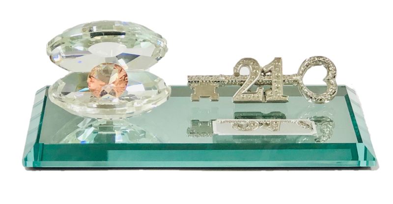21st Key Glass shell with pink Crystal stone on Mirror base with metal key