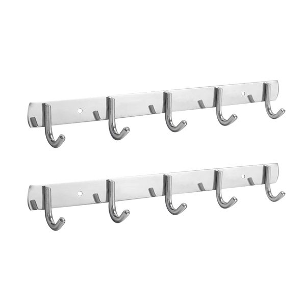 2 Piece 5 Hooks Silver Stainless Steel Wall Hook - 36cm