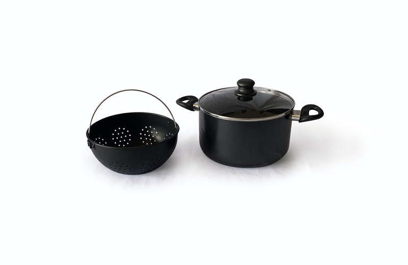 Real Chef Non-Stick 24cm Black Deep Casserole Pot with Built-in Strainer
