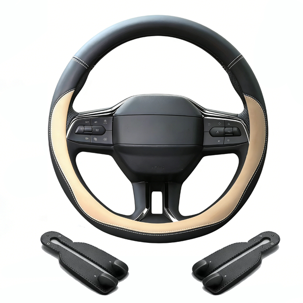 15-Inch Leather Steering Wheel Cover , Double Hook Set ,Sweat-Proof