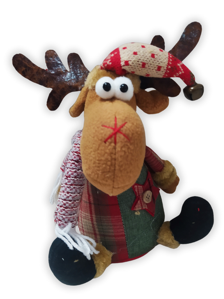 Reindeer Figurine - Christmas Decor - L30cm - Plaid &amp; Brown - Crazy Eyes