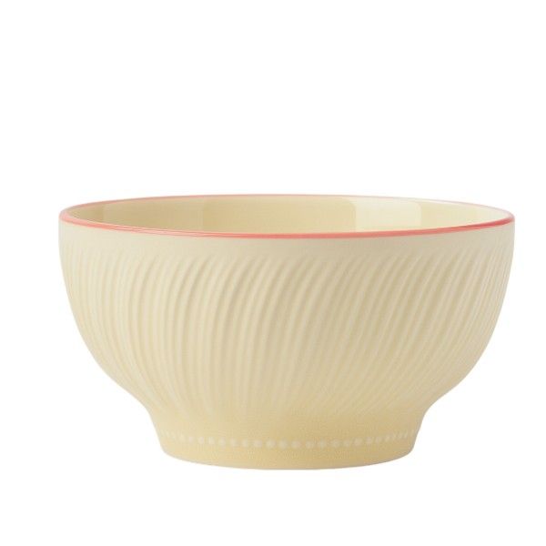 6 Piece - Vintage Ribbed Bowl With Coral Pink Rim - Cream