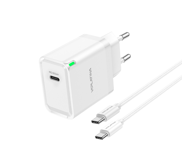 VIPLATINA GaN 20W PD Fast USB-C Charger with USB-C to C Cable White