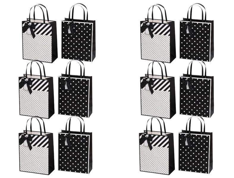 x12-Piece Black &amp; White Formal with Ribbon Design Gift Bags Set.