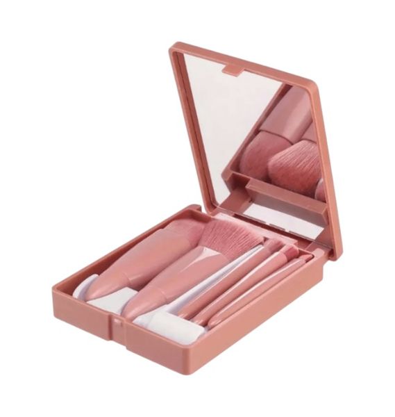 5 Piece - Makeup Brush Set with Case and Mirror - Dark Pink