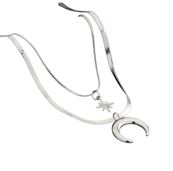 Men Silver Titanium Necklaces Star and Crescent Moon Pendants