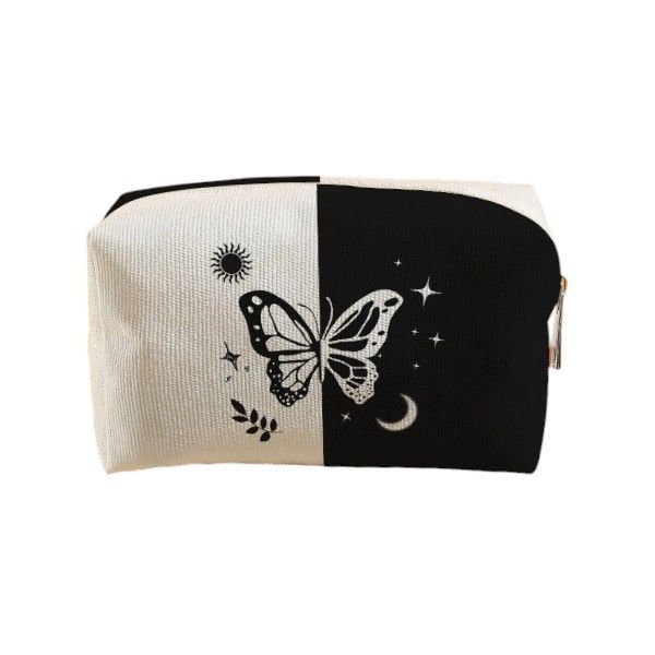 Colorblock Butterfly Print Square Makeup Bag - Black/White