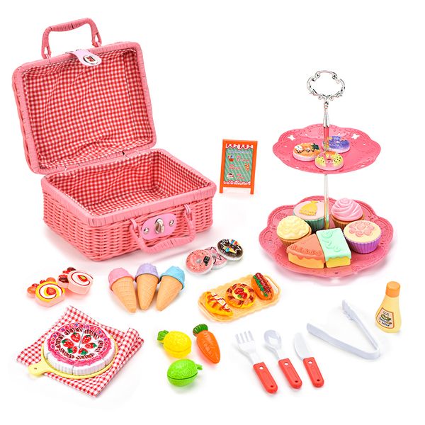 32-Piece Pink Picnic Basket Toy Set - Cuttable Fruit &amp; Cake Playset