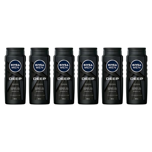 NIVEA MEN Deep 3in1 Shower Gel Body Wash with Microfine Clay, 6x500ml