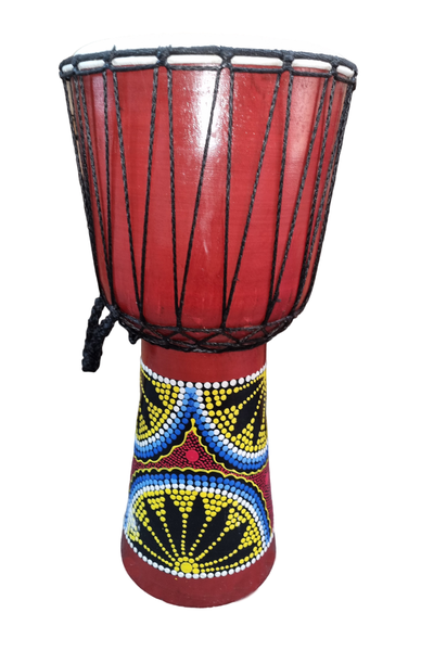 Djembe Drum Hand Painted Three Yellow Flower Red Dots 24cm x 50cm