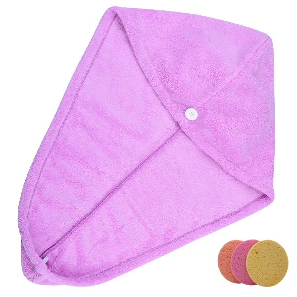 Hair Towel Magic Microfiber Drying Towel Bath Wrap &amp; 3 Facial Sponges