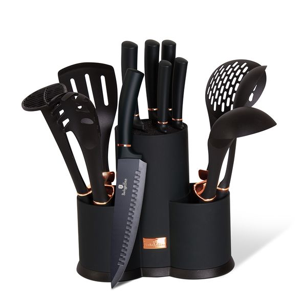 Berlinger Haus 12 Piece Knife Set with Stand and Kitchen Tools - Black Rose