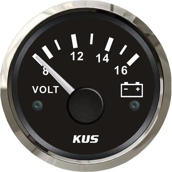 KUS 52mm/2 Inch Volt Gauge - 12 Volt (Black and Silver)