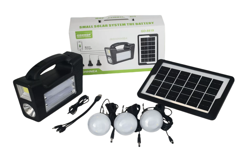 GD-8819 Solar Lighting System - With Three Light Bulbs - Black