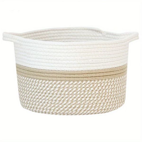 Circle Cotton Rope Woven Basket with Handles for Books,Magazines