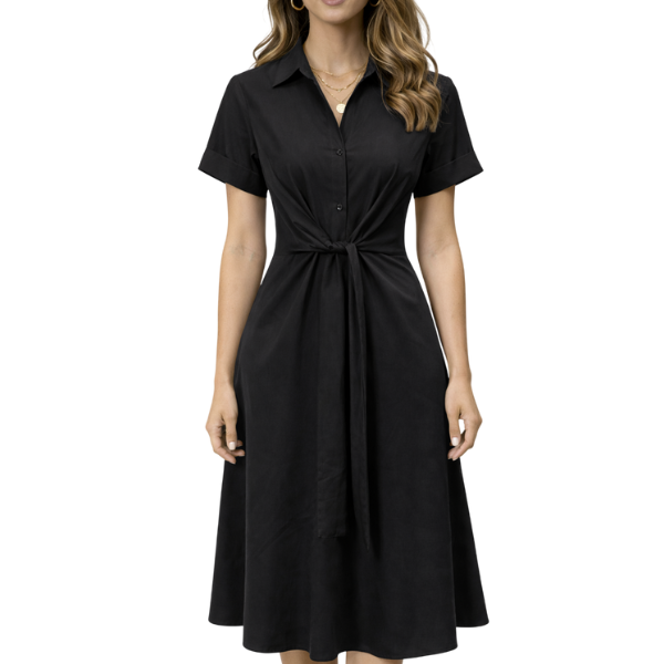 Women's Short Sleeve Shirt Dress with Tie Waist Detail