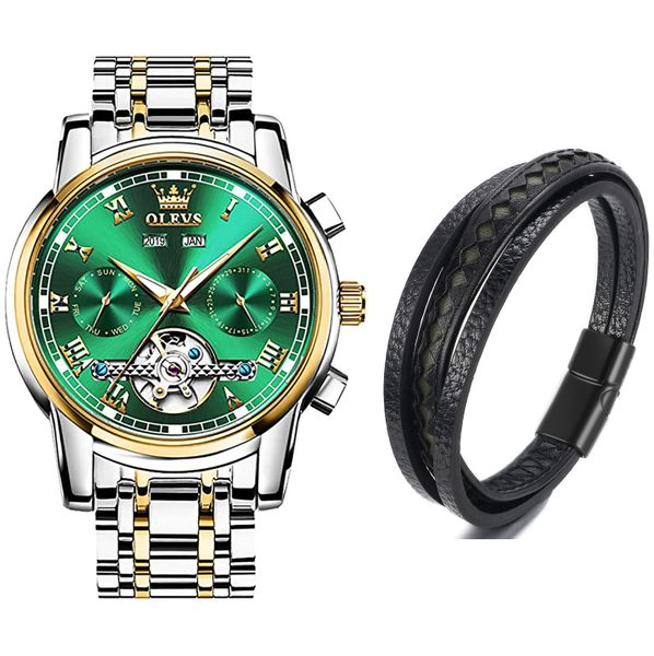 OLEVS Automatic Stainless Steel Tourbillon Watch - Silver Gold Green