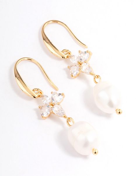 Gold Plated Cubic Zirconia &amp; Freshwater Pearl French Drop Earrings