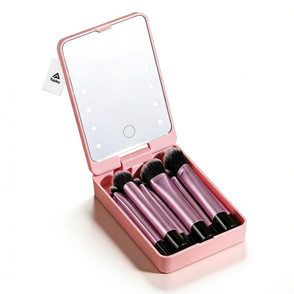 Topika 10 Pieces Makeup Brushes With LED Light &amp; Mirror Pink Pocket Mirror