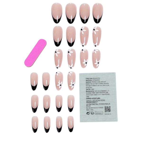 24 Piece Nude Daisy Print Press-On Nails Set - Black