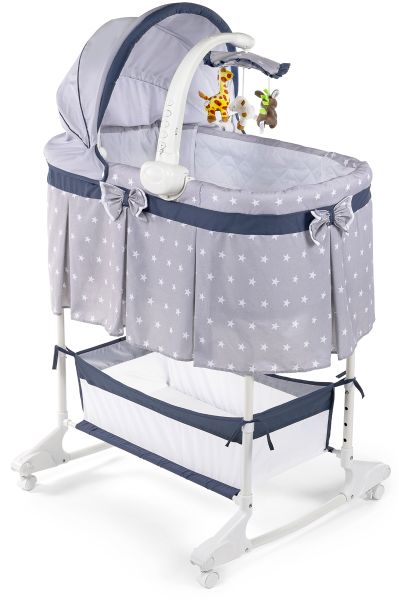 Baby Bassinet Cradle Bed Cot with Wheels, Basket and Canopy - Grey