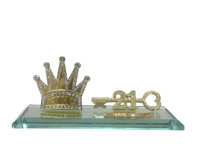 21st Key with Diamante Crown King on Glass Mirror Base