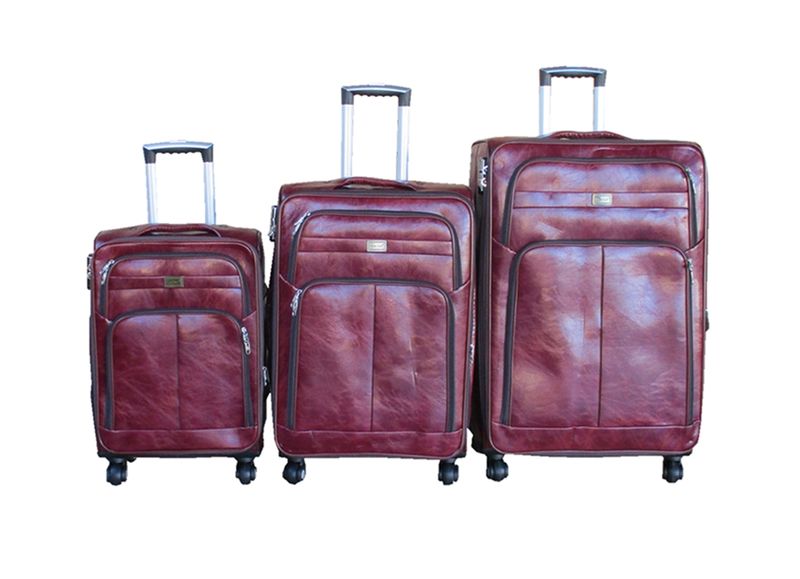 3 Piece PU Leather Expandable Trolley Luggage Set - Burgundy