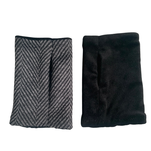 Women Grey Herringbone and Black Velvet Reversible Fingerless Gloves