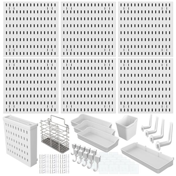 Pegboard Set 03: 6-Piece White Square Pegboards and Accessories