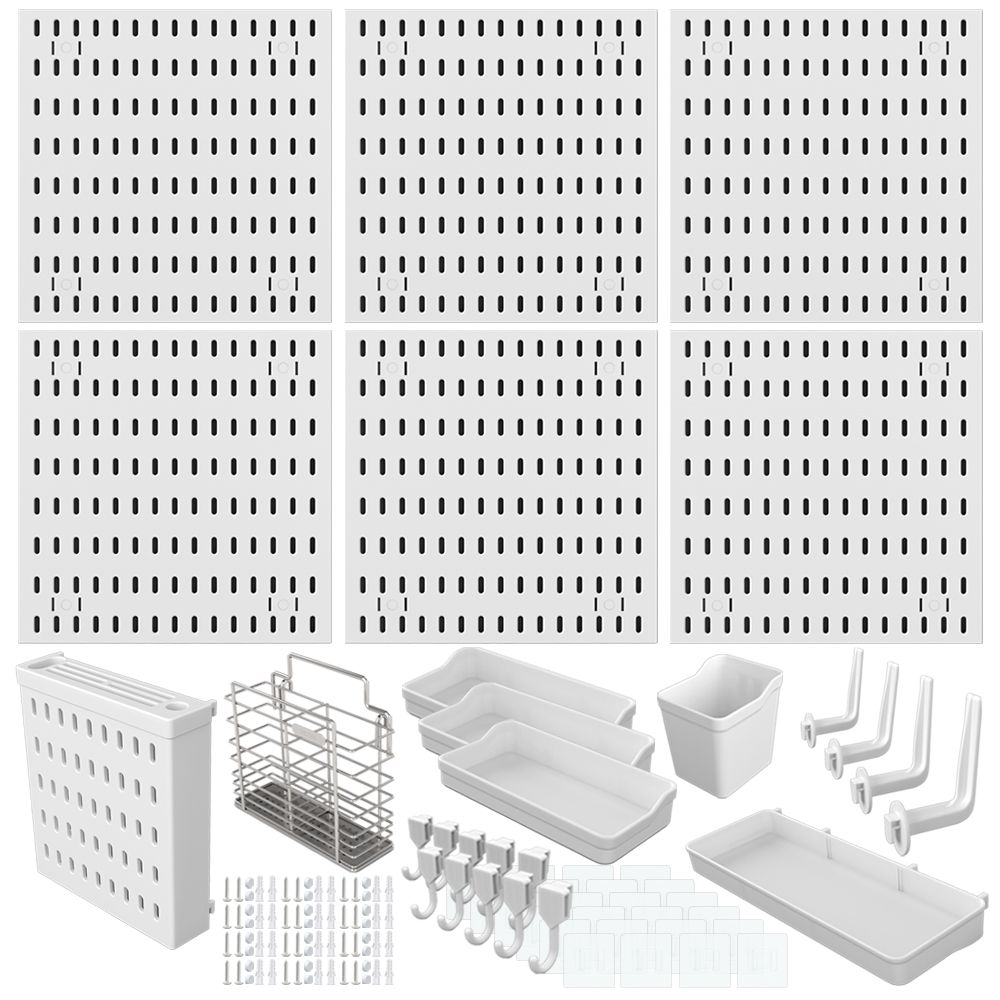 Pegboard Set 03: 6-Piece White Square Pegboards and Accessories